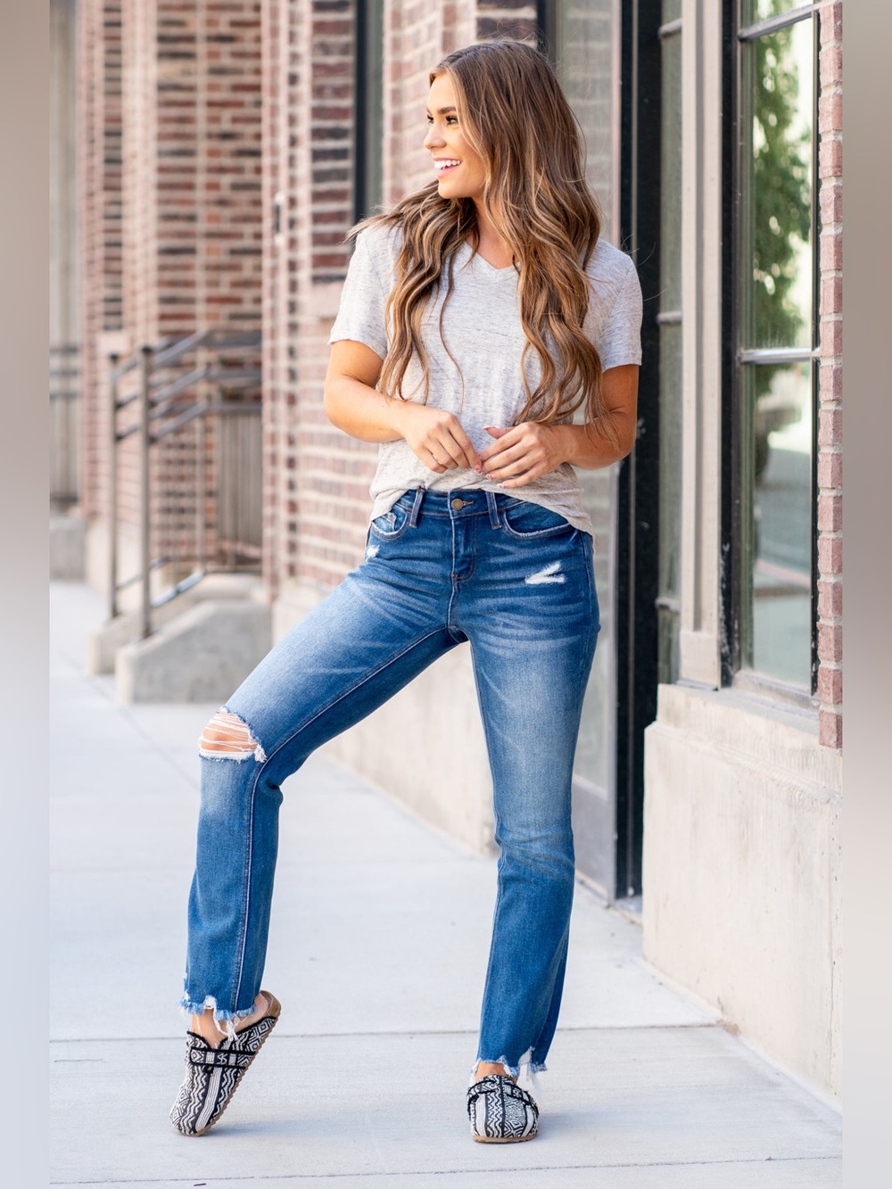 Flying monkey blue shower mid rise ankle raw hem flare